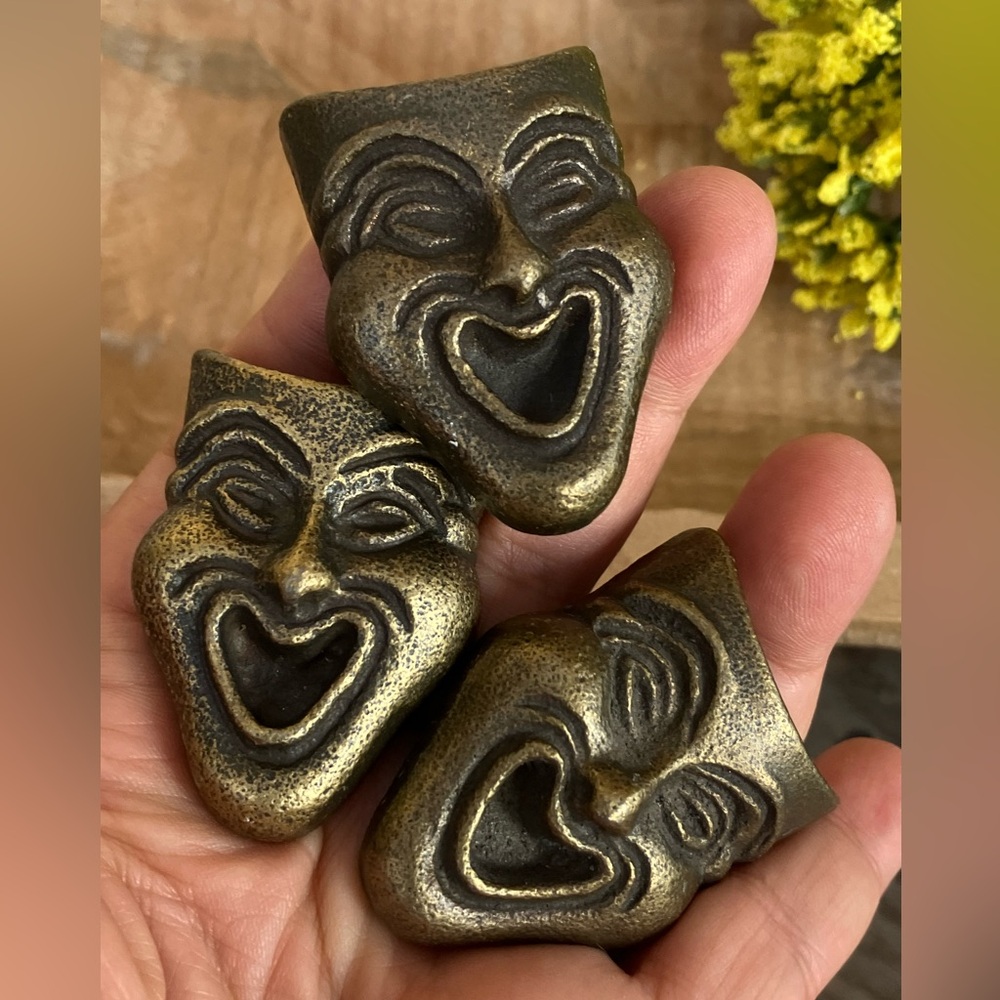 Set of Three (3) Antiqued Bronze Theater Comedy Masks Drawer Knobs Pulls